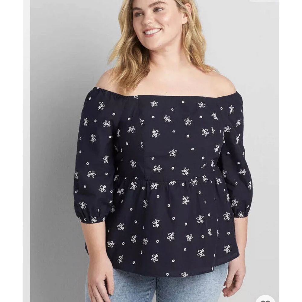 Lane Bryant Top Plus Size 14 NEW Navy Eyelet Off-The-Shoulder Peplum Navy